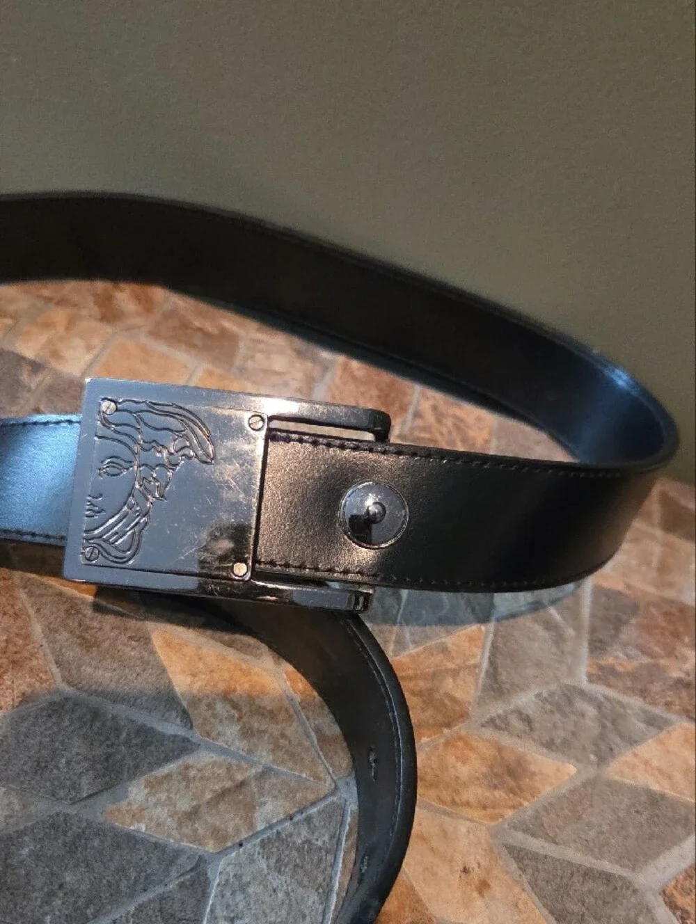 Versace Black Leather MEN'S Belt with Matte Silver Medusa Plate, Size 32 Waist